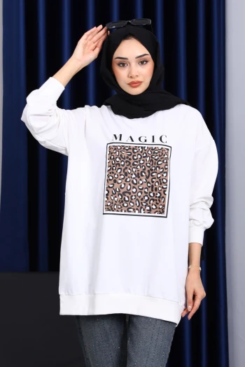Ekru Bisiklet Yaka Baskılı Sweat