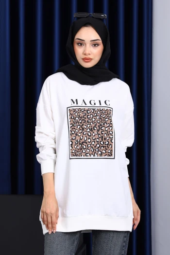 Ekru Bisiklet Yaka Baskılı Sweat