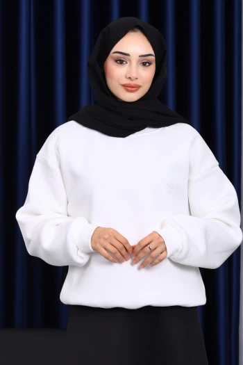 Ekru Bisiklet Yaka Şadonlu Üç iplik Sweat