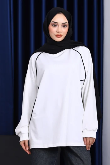 Ekru Biyeli İki İplik Sweatshirt