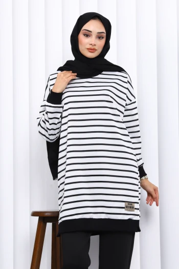 Ekru Çizgili Bisiklet Yaka Armalı Tunik