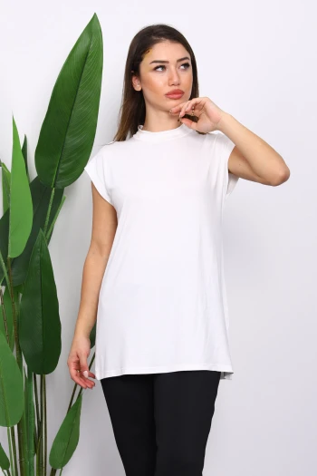 Ekru Dik Yaka Sıfır Kol İçlik