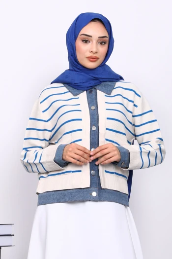 Ekru Düğmeli Kot Detaylı Triko Hırka