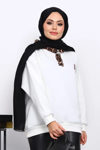 Ekru Fular Aksesurlı Ceylan İşlemeli Üç İplik Sweat