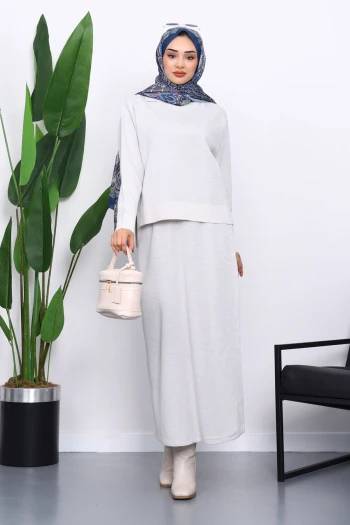 Ekru Gömlek Yaka Triko Etekli Takım