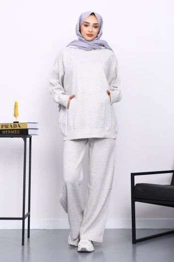 Ekru Kapşonlu Kanguru Cepli Pantolonlu Triko Takım