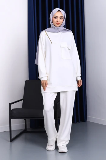 Ekru Tek Cepli Tunik Pantolonlu Modal Takım