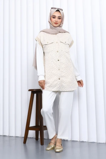 Ekru Tunik Yelek Pantolon Üçlü Takım