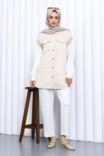Ekru Tunik Yelek Pantolon Üçlü Takım