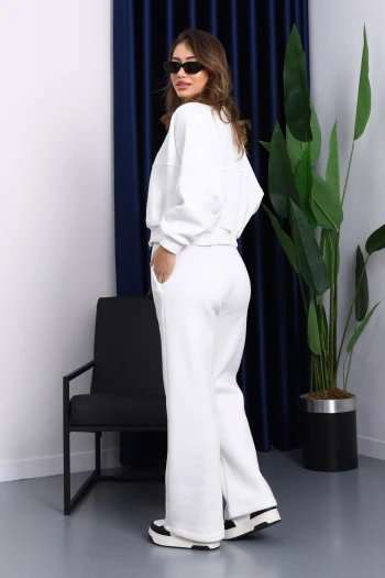 Ekru Üç İplik Sweat Hırka Pantolonlu Takım