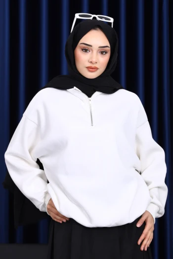 Ekru Yaka Fermuarlı Üç İplik Şardonlu Sweat