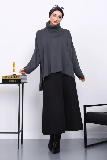 Füme Balıkçı Yaka Fermuarlı Triko Tunik