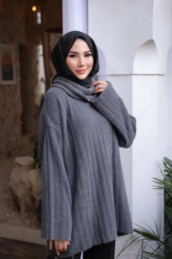 Füme Balıkçı Yaka Salaş Angora Yumoş Triko Tunik