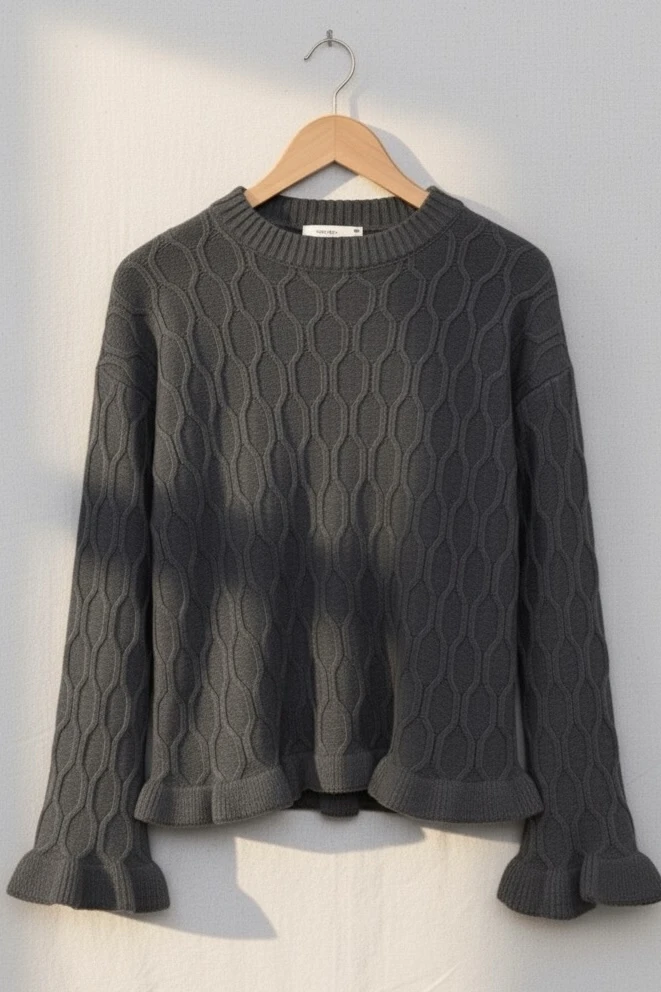 Füme Bel Ve Kol Ucu Fırfırlı Triko Kazak