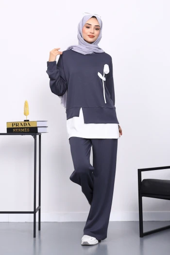 Füme Bisiklet Yaka Gül Detaylı Tunik Pantolonlu Modal Takım