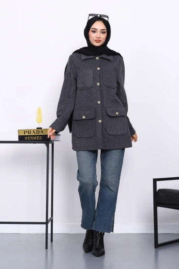 Füme Cepli Düğmeli Kaşe Ceket