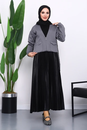 Füme Çift Cepli Fermuarlı Triko Hırka