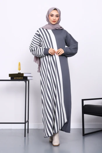 Füme Çizgili Triko Elbise