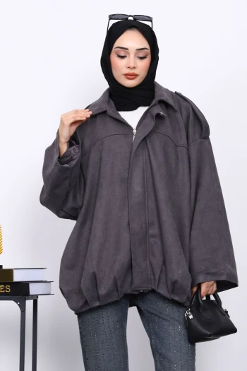 Füme Eteği Pileli Oversize Süet Ceket