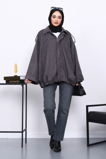 Füme Eteği Pileli Oversize Süet Ceket