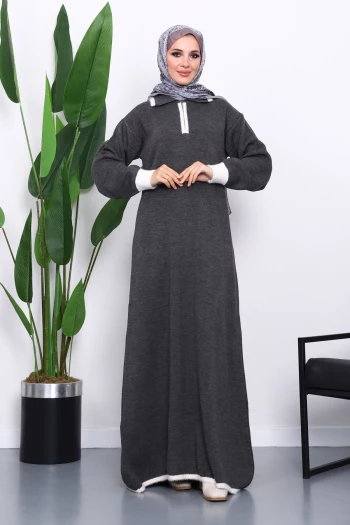 Füme Gömlek Yaka Fermuarlı Triko Elbise