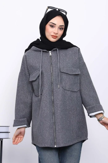 Füme Kapşonlu Çift Cepli Kaşe Ceket