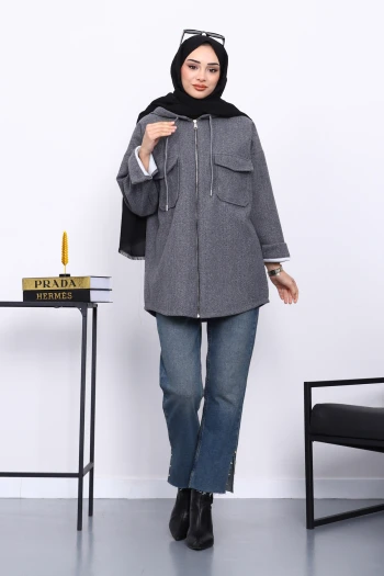 Füme Kapşonlu Çift Cepli Kaşe Ceket