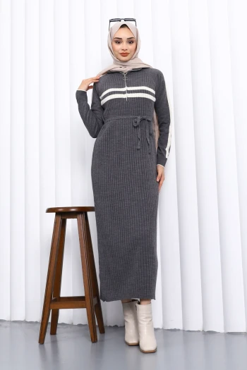 Füme Yaka Fermuarlı Fitilli Çizgili Triko Elbise