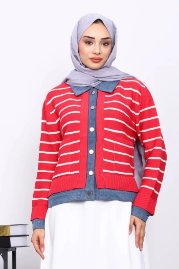 Fuşya Düğmeli Kot Detaylı Triko Hırka