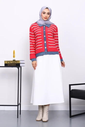 Fuşya Düğmeli Kot Detaylı Triko Hırka