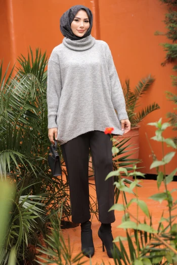 Gri Balıkçı Yaka Salaş Triko Tunik