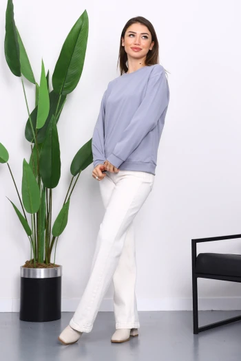 Gri Bisiklet Yaka İki İplik Sweatshirt