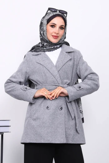 Gri Kruvaze Yaka Çift Düğmeli Kaşe Kaban