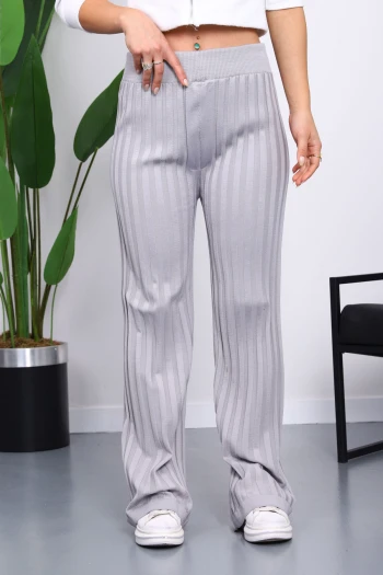 Gri Yüksek Bel Fitilli Bol Paça Triko Pantolon