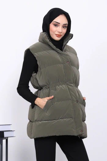 Haki Bel Lastikli Cepli Şişme Yelek