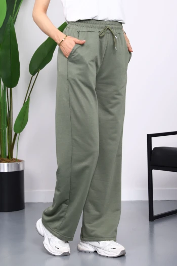 Haki Bel Lastikli İki İplik Palazzo Eşofman Alt