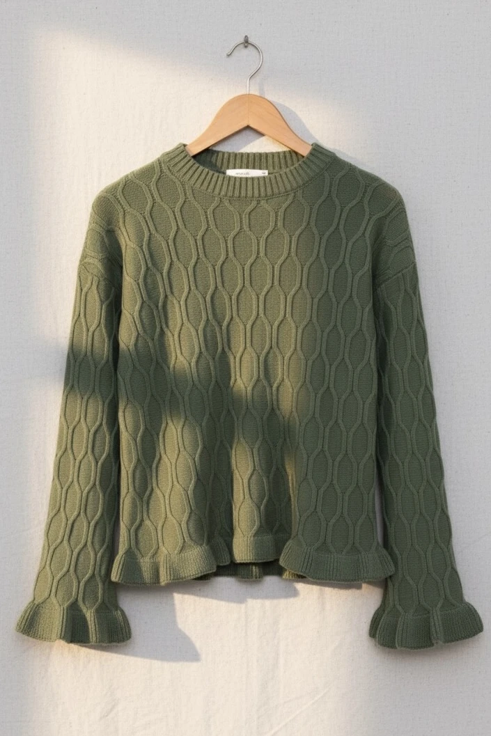 Haki Bel Ve Kol Ucu Fırfırlı Triko Kazak