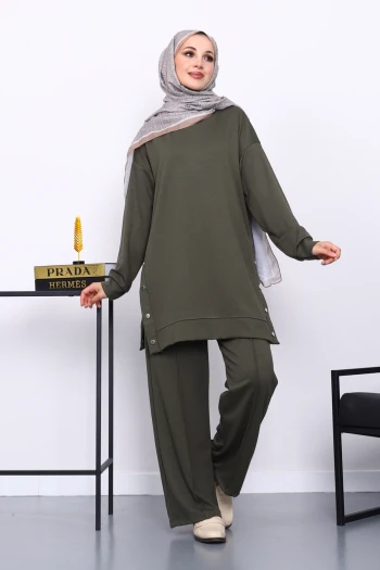 Haki Bisiklet Yaka Çıtçıt Detaylı Modal Takım