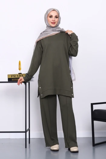 Haki Bisiklet Yaka Çıtçıt Detaylı Modal Takım