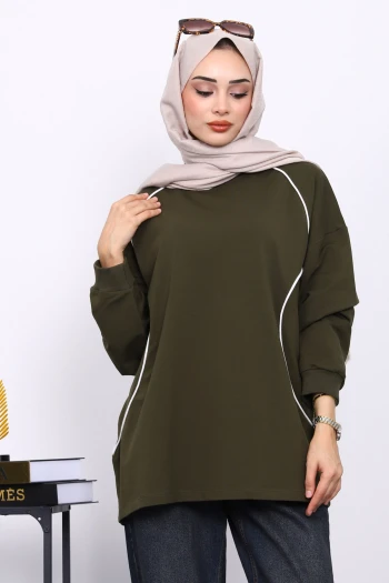 Haki Biyeli İki İplik Sweatshirt