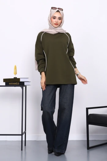 Haki Biyeli İki İplik Sweatshirt