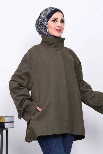 Haki Düğmeli Astarlı Gabardin Ceket