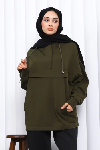 Haki Fermuarlı Cepli İki İplik Oversize Sweat