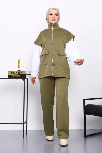 Haki Fermuarlı Cepli Yelek Pantolonlu Scuba Takım