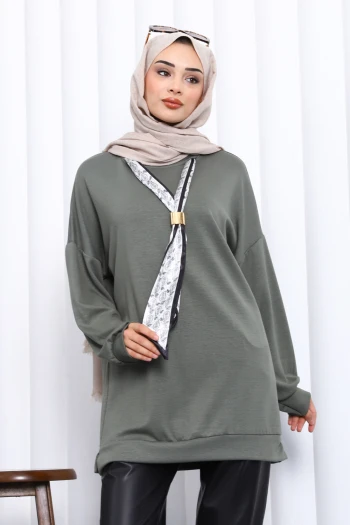 Haki Fular Aksesuarlı Modal Tunik