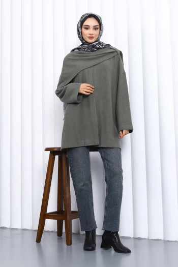 Haki Şal Detaylı Dokulu Hırka