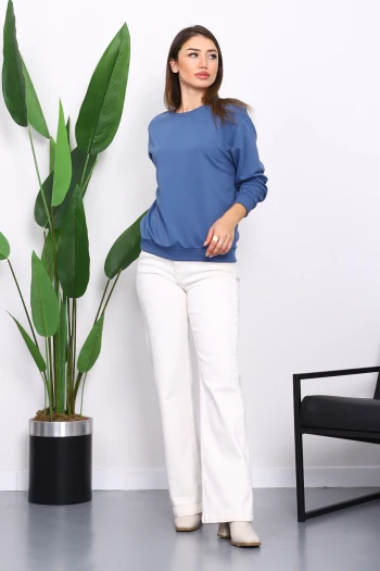 İndigo Bisiklet Yaka İki İplik Sweatshirt