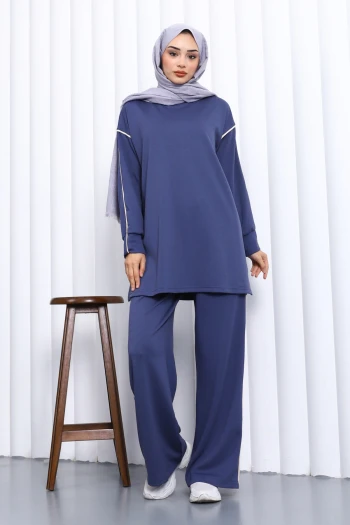 İndigo Biyeli Tunik Pantolonlu Modal Takım