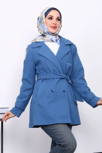 İndigo Kruvaze Yaka Çift Düğmeli Kaşe Kaban