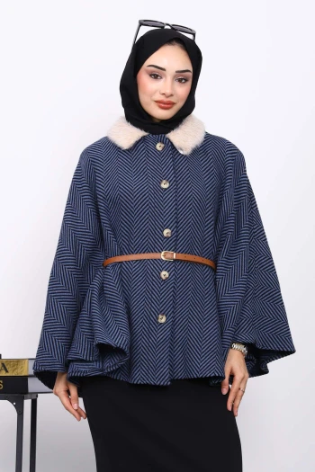 İndigo Yaka Kürklü Kemerli Panço